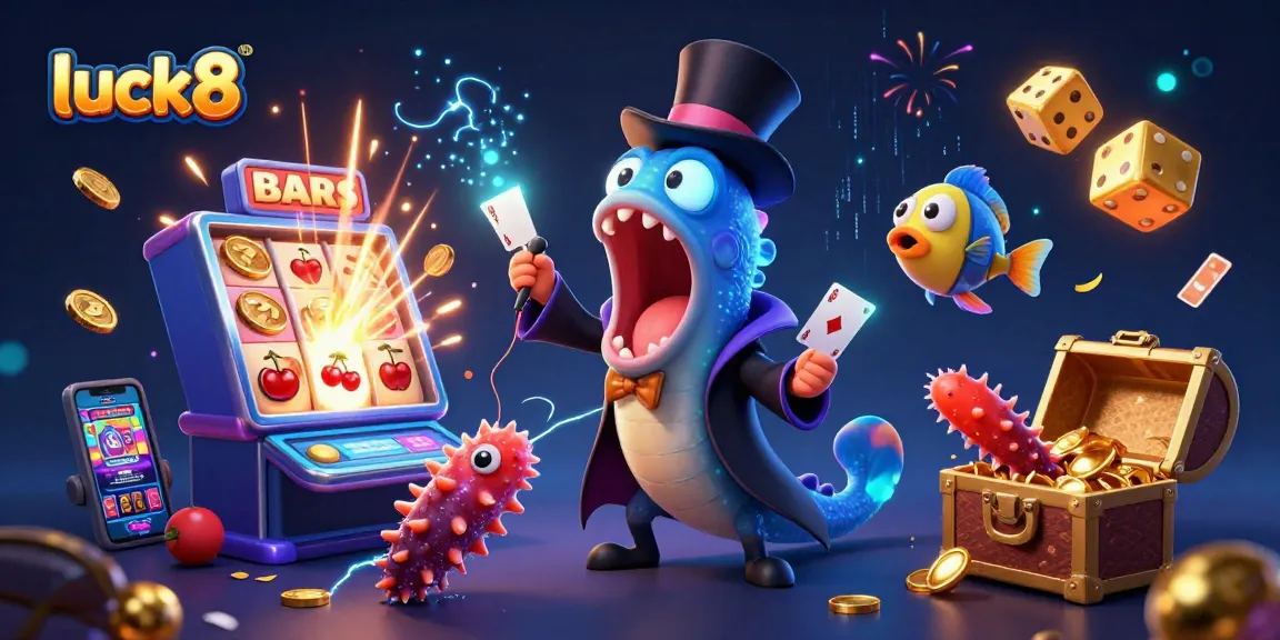 Engage in luck8-themed fun with a bioluminescent eel magician and casino games at play.